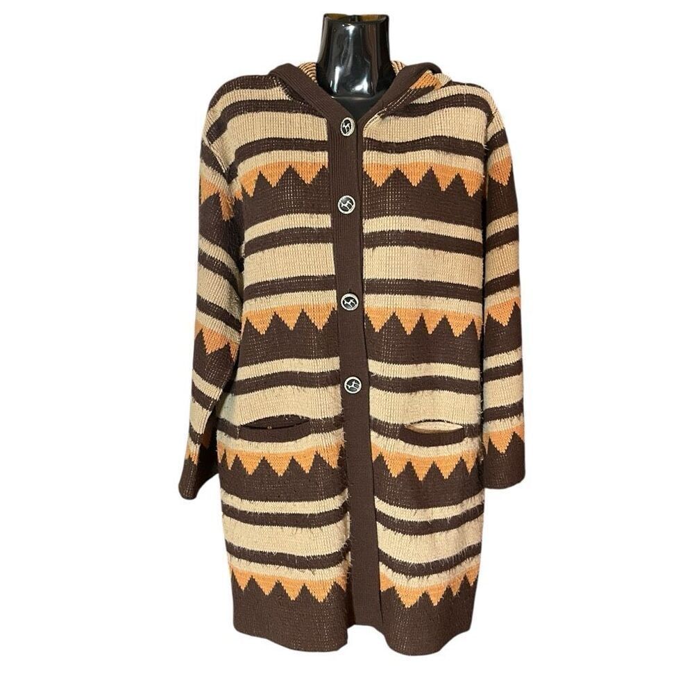 Vintage Aztec Strip Hooded Cardigan Deer Buttons Front Pockets‎ 32” no Tags